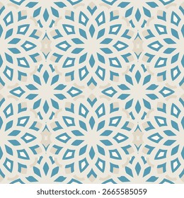 Vetor contínuo geométrico minimalista e retrô. Azul e branco cristal de inverno tema estético. Impressão de padrão de mandala em floco de neve. Design de pano de mesa nevado. Formas e padrões geométricos em losango. 