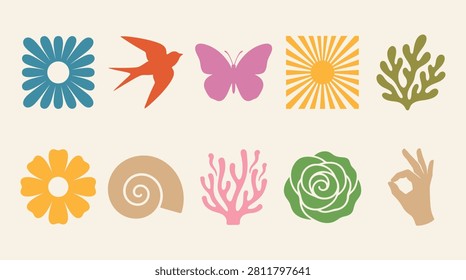 Minimalist retro icon set. Flat vector elements featuring daisy flower, swallow bird, butterfly, sunburst, coral, rose and hand sign on beige background for modern branding.