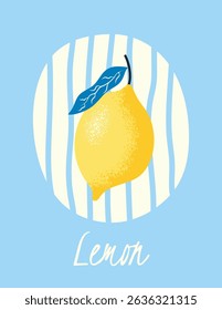Minimalist retro lemon poster with textured details and bold blue leaf. Perfect for kitchen prints, summer fruit graphics or citrus themed decor. Vintage vector illustration in 1950s style