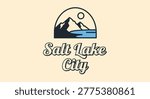 Minimalist retro logo design for Salt Lake City, Utah, featuring a scenic mountain and lake illustration in a badge style on a vintage cream background.