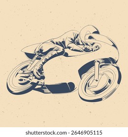 Ilustração Retro de Corrida de Motocicleta Minimalista com Clássico Full-Fairing Rider em Aerodynamic Tuck