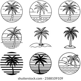 Minimalist Retro Palm Tree Line Art Set.