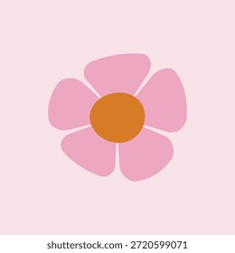 Minimalista Ilustración vectorial de flores rosa retro con centro naranja, aislado en fondo claro para groovy diseños de los años 70. Vector plano simple del icono de la flor rosada, elemento floral lindo para los patrones de la primavera