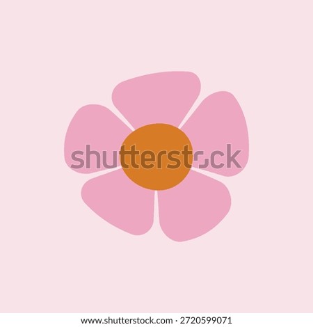 Minimalist retro pink flower vector illustration with orange center, isolated on light background for groovy 70s designs. Simple flat pink flower icon vector, cute floral element for spring patterns