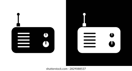 Minimalist Retro Radio Vector Icon Set with Antenna and Control Knobs in Black and White Versions