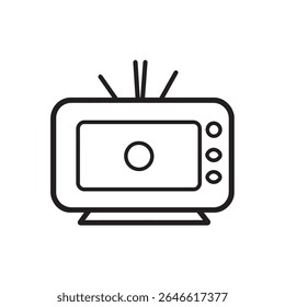 Minimalist retro television icon features classic antenna design and round buttons, rendered as a bold black outline on a clean, transparent background.
