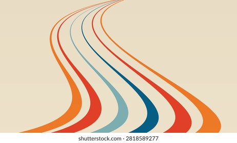 A minimalist retro vector background featuring colorful curved winding lines in orange, red, and blue tones, creating a sense of movement and perspective on a cream backdrop.