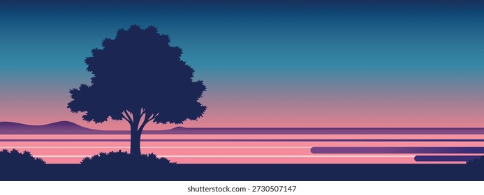 Paisagem de pôr do sol vetor retro minimalista com a silhueta de uma árvore solitária contra um céu gradiente, horizonte de água calmo, ondas suaves na água e silhuetas escuras de arbustos abaixo.
