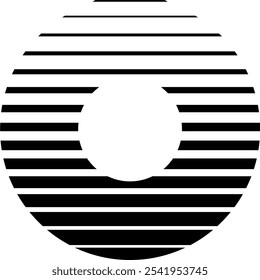 Un diseño minimalista de estilo retro con rayas Horizontales que forman un semicírculo con un recorte circular perfecto en el centro, creando la ilusión de un ocaso o sol naciente en el horizonte.