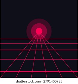 A minimalist retrowave design featuring magenta vanishing point grid lines extending to a luminous circular light source on black background.