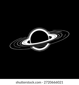 Icono de planeta anillado minimalista sobre fondo negro. Futuristic Ringed Planet Logo - Símbolo espacial de ciencia ficción. Cosmic Planet Icon – Diseño de Astronomía Mínima. Icono de Vector Planeta Anillado – Espacio, Astronomía