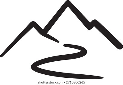 Vetor de contorno de rio minimalista fluindo através de picos de montanha