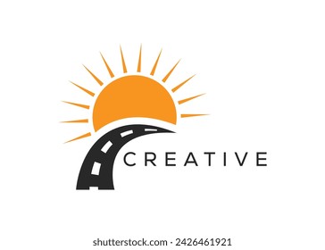 Minimalistische Straße und Sonne Vektor Logo Design Vorlage. Kreatives modernes Sonnenstraßen-Logo