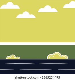 Minimalist Road and White Clouds Background. Vector illustration for kids. Simple and playful road scene. Hand-drawn clouds and pathway. Child-friendly minimalist vector