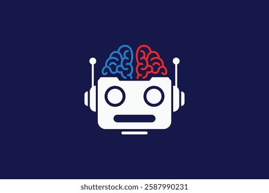 Minimalist robot head logo with a stylized brain in red and blue. Modern and clean design, suitable for technology, AI, and robotics brands.