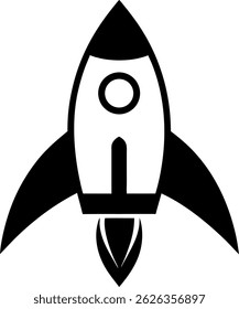 Minimalist rocket icon, black and white silhouette on white background