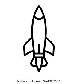 Minimalist Rocket Icon in Silhouette Style with Bold Black Line Art on White Background Representing Startup Launch, Innovation, Space Exploration, Growth, and Future Technology Concepts