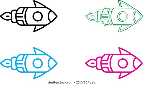 Minimalist rocket icons, simple line drawings, colorful outlines, black blue green pink rockets, flat design, clean vector graphics, spaceship symbols, startup concept, launch illustration, retro spac