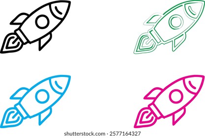 Minimalist rocket icons, simple line drawings, colorful outlines, black blue green pink rockets, flat design, clean vector graphics, spaceship symbols, startup concept, launch illustration, retro spac