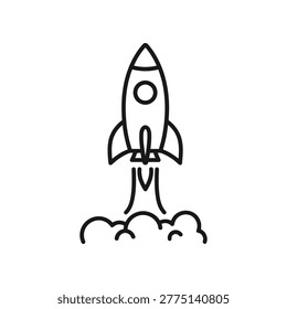Minimalist rocket launching into space with flames and smoke billowing from its base depicted in a simple line art style with clean bold outlines against a plain white background