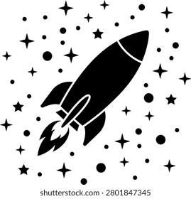 Minimalist rocket ship launch icon with stars and planets in deep space exploration minimalist silhouette blastoff
