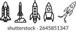 Minimalist Rocket space Ship Vector Set – Line Art Style Space Shuttle, Cartoon Style Launch Icons, Hand Drawn Black Outline Rockets for Kids and Space-Themed Designs