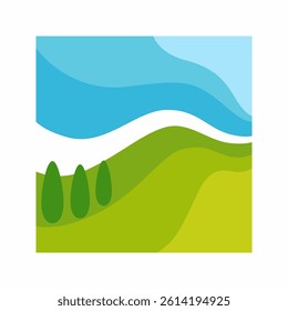Minimalist Rolling Hills Landscape with Trees and Wavy Sky