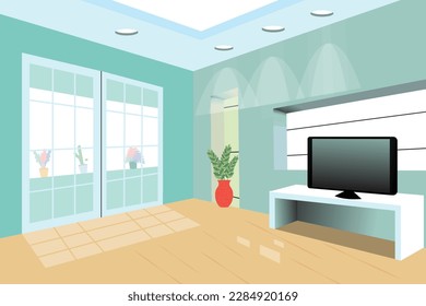 fondo de habitación minimalista con accesorios para macetas de flores y televisión