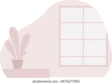 Minimalist room corner, pastel colors, potted plant, window. Simple interior design illustration, home decor, tranquil scene. Plant shelf, large window, calming pastel pink beige