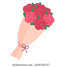 A minimalist rose bouquet with pink flowers and green leaves, wrapped with ribbon, designed in red colors with a cute vector style for Valentine's Day, symbolizing love and romance