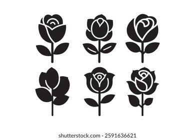Minimalist Rose and Camellia Flower Vector Icons in Black Silhouette Style