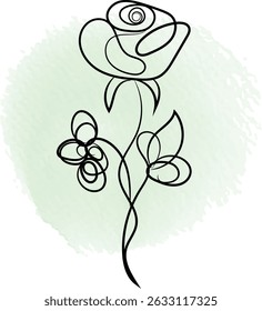 Minimalist rose line art with green watercolor background. Modern floral design.