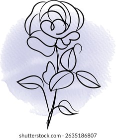 Minimalist rose line art on a light purple watercolor background.