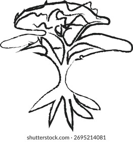 Desenho minimalista de pincelada áspera de uma árvore com raízes expostas representando a natureza e a ecologia