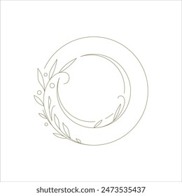 Borde redondo minimalista con elemento decorativo de arte de ramas botánicas para la Ilustración vectorial del logotipo. Marco de círculo monocromo con hojas de plantas herbales en flor y diseño de contorno de bayas para emblema