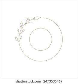 Minimalist round frame botanical floral branch hand drawn line art decor for logo vector illustration. Monochrome circle border organic flower with leaves outline golden design for simple emblem