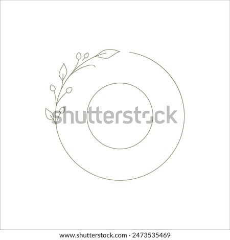 Minimalist round frame botanical floral branch hand drawn line art decor for logo vector illustration. Monochrome circle border organic flower with leaves outline golden design for simple emblem
