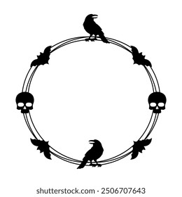  minimalist round frame design with silhouettes of bats and ravens in black color