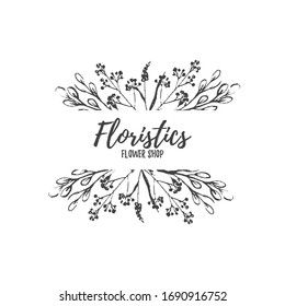 Minimalist round logo design. Hand drawn floral leaves