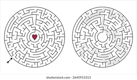 Minimalist round maze with heart in center, red black white vector logic puzzle, medium difficulty with solution, love theme