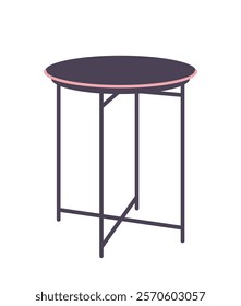 Minimalist round table with a dark top and pink edge, supported by thin, geometric legs, on a white background. Concept of modern furniture design. Vector illustration