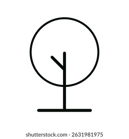 Minimalist round tree outline icon with circular canopy and straight trunk in modern black line style