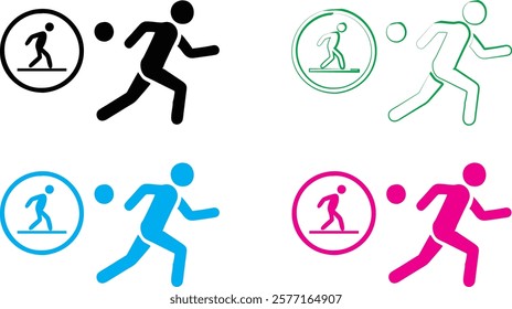 Minimalist running figures, stick figure icons, dynamic poses, simple line art, color variations, black pink blue green, abstract sports symbols, motion graphics, clean design, vector style, fitness a