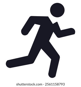 Minimalist running icon, black silhouette, white background, geometric design, simplified human form, dynamic pose, movement icon
