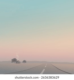 Minimalist rural landscape with country house at sunset have local road through the plain to the mountain ranges graphic illustrated square template. 