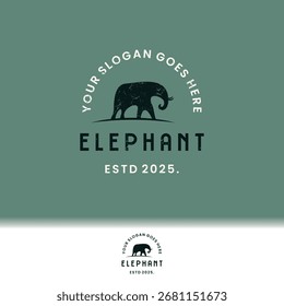 Minimalist rustic logo featuring an elephant silhouette with vintage textured style