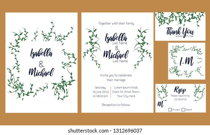 Minimalist rustic wedding invitation kit with greenery leaf as decoration, Set of bridal element, Save the date RSVP thank you invite card, favor tag,