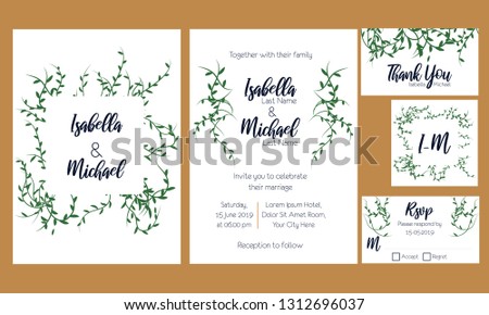 Minimalist rustic wedding invitation kit with greenery leaf as decoration, Set of bridal element, Save the date RSVP thank you invite card, favor tag,