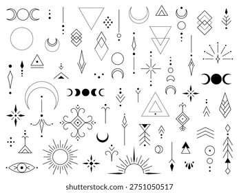 Minimalist sacred geometry set and collection moons stars arrows and abstract shapes tattoo design spiritual art branding posters Sacred geometry set and mystical collection of celestial symbols including moons stars suns arrows triangles circles diamonds and abstract dotwork shapes for tattoo design spiritual art decor branding poster and bodyart inspiration.