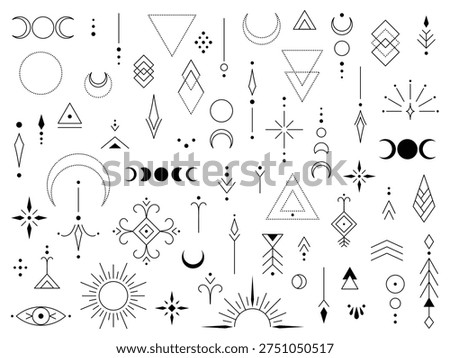 Minimalist sacred geometry set and collection moons stars arrows and abstract shapes tattoo design spiritual art branding posters Sacred geometry set and mystical collection of celestial symbols including moons stars suns arrows triangles circles diamonds and abstract dotwork shapes for tattoo design spiritual art decor branding poster and bodyart inspiration.